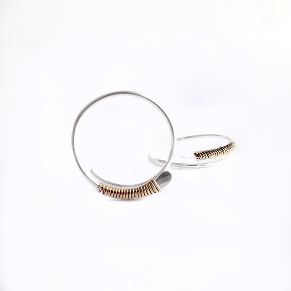 925 Sterling Silver Hammered Open Threader Hoop Earrings Wire Wrapped In Gold - Picture 4 of 11